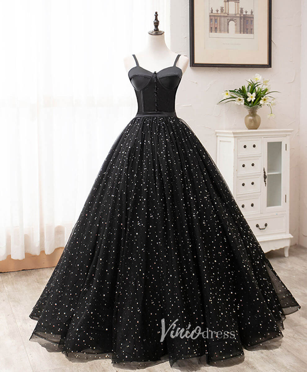 Prom Dress 2025 Black Spaghetti Strap Prom Dresses Starry Tulle Evening Dress FD3166-unique prom dresses-Black-Custom Size-Viniodress