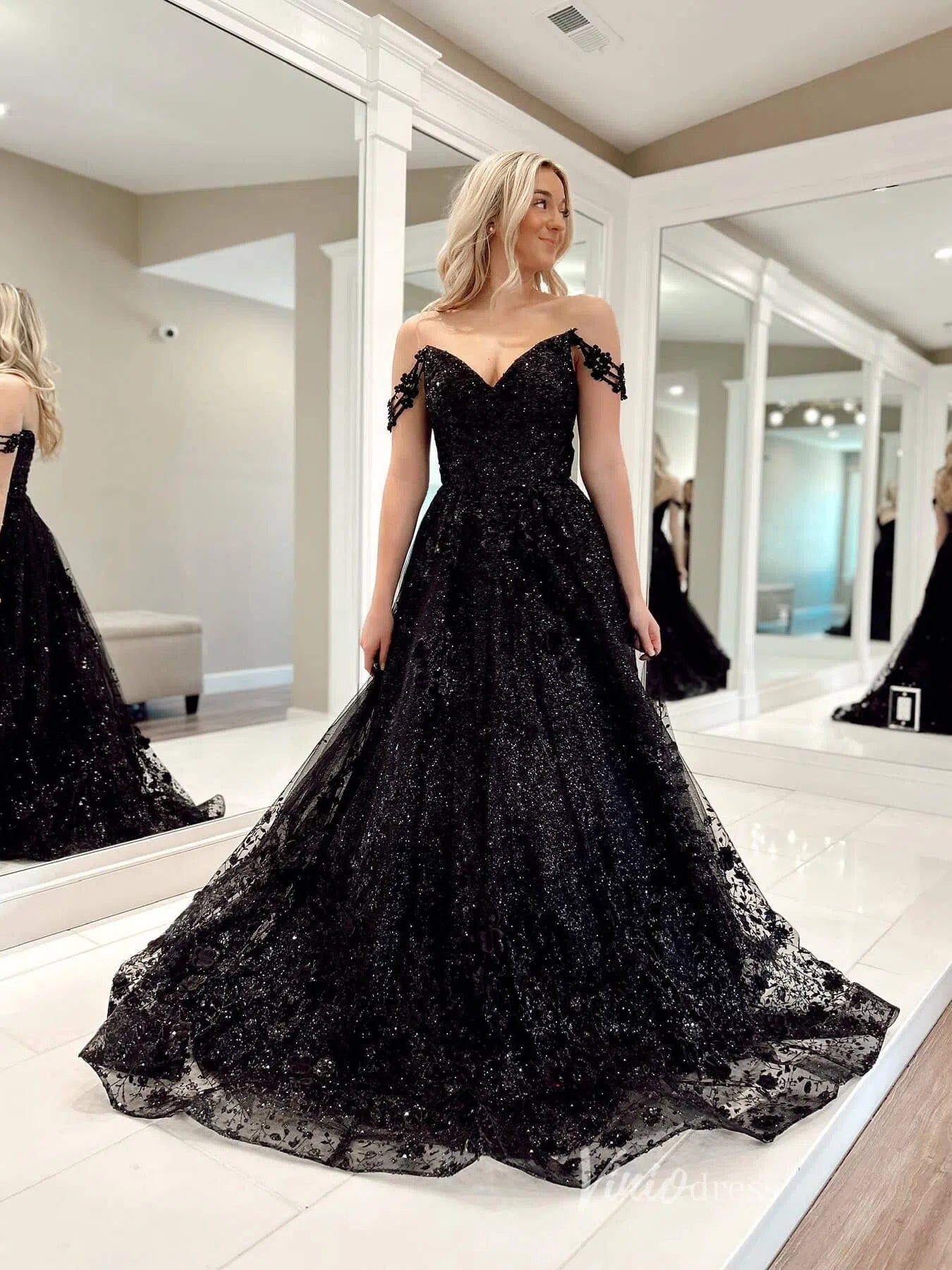 Black Sparkly Lace Prom Dresses Off the Shouder Formal Gown FD3972 - Viniodressprom dressesBlackCustom Size - Formal Dresses - Ball Gowns