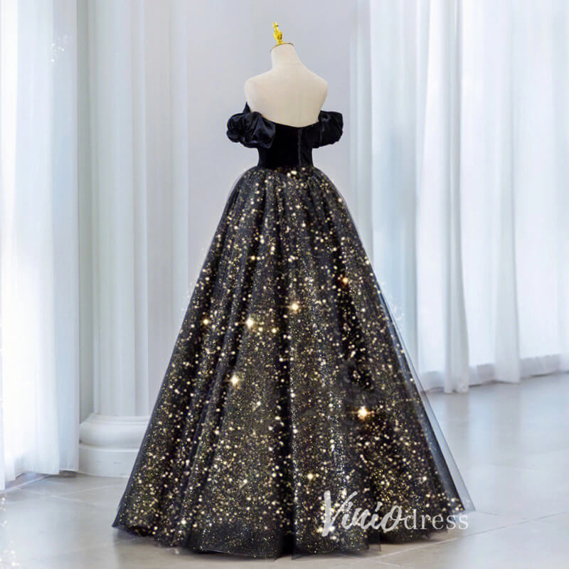 Prom Dress 2025 Black Sparkly Tulle Prom Dresses Off the Shoulder Formal Gown FD3241-unique prom dresses-Black-Custom Size-Viniodress