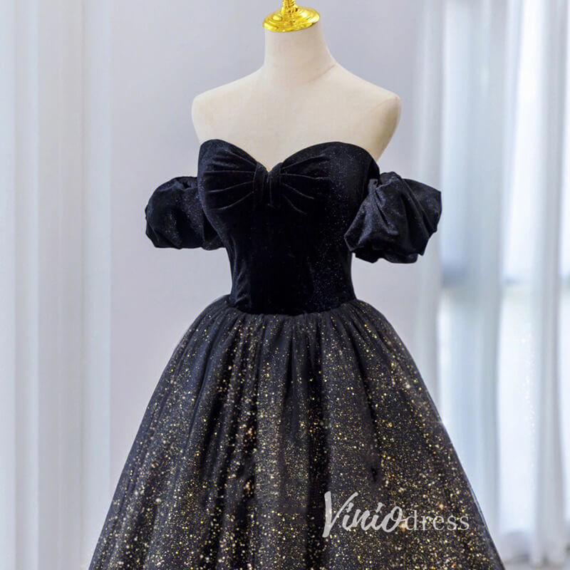 Prom Dress 2025 Black Sparkly Tulle Prom Dresses Off the Shoulder Formal Gown FD3241-unique prom dresses-Black-Custom Size-Viniodress