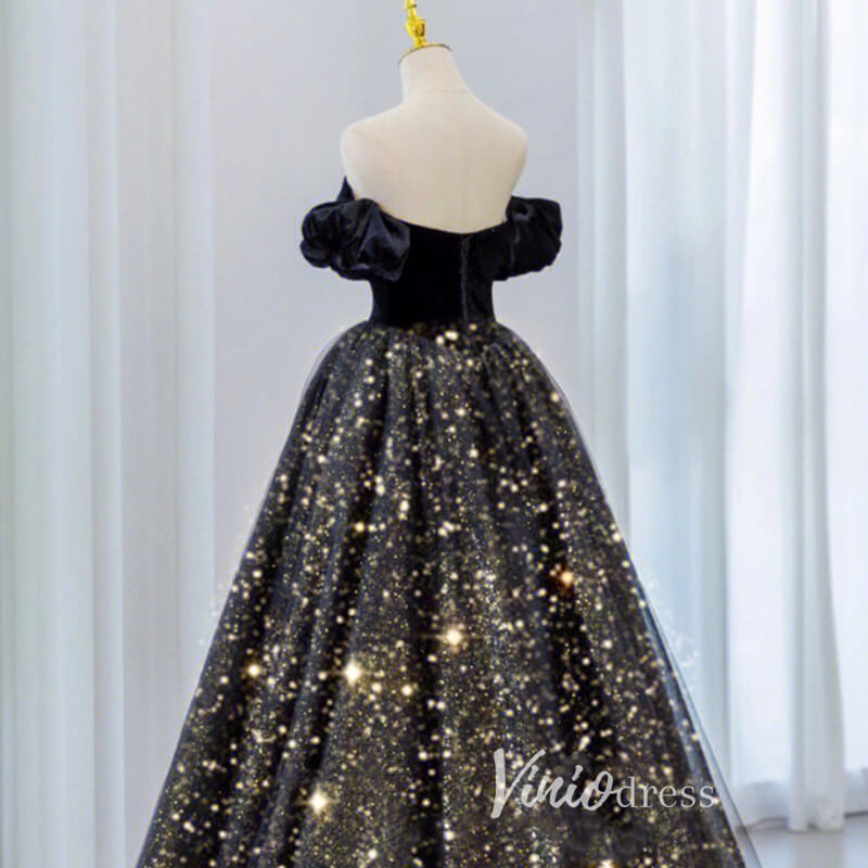 Prom Dress 2025 Black Sparkly Tulle Prom Dresses Off the Shoulder Formal Gown FD3241-unique prom dresses-Black-Custom Size-Viniodress