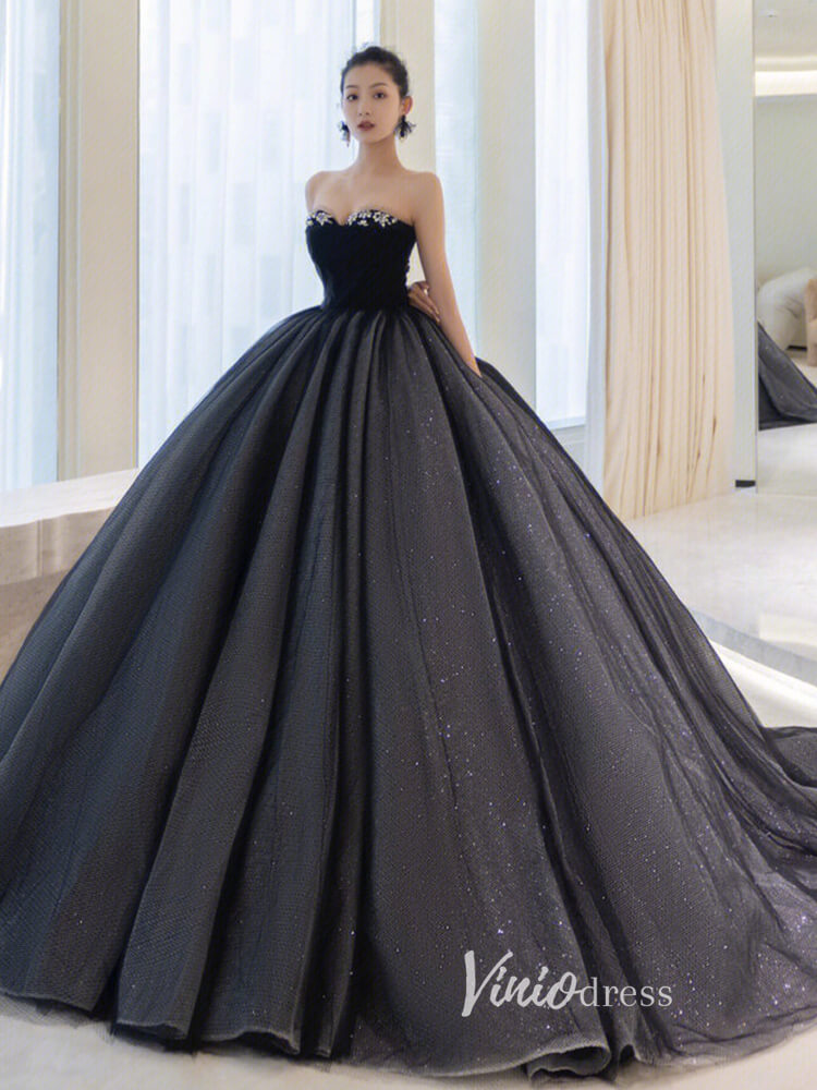 Prom Dress 2025 Black Sparkly Tulle Quinceanera Dresses Strapless Prom Ball Gown FD3248-unique prom dresses-Black-Custom Size-Viniodress