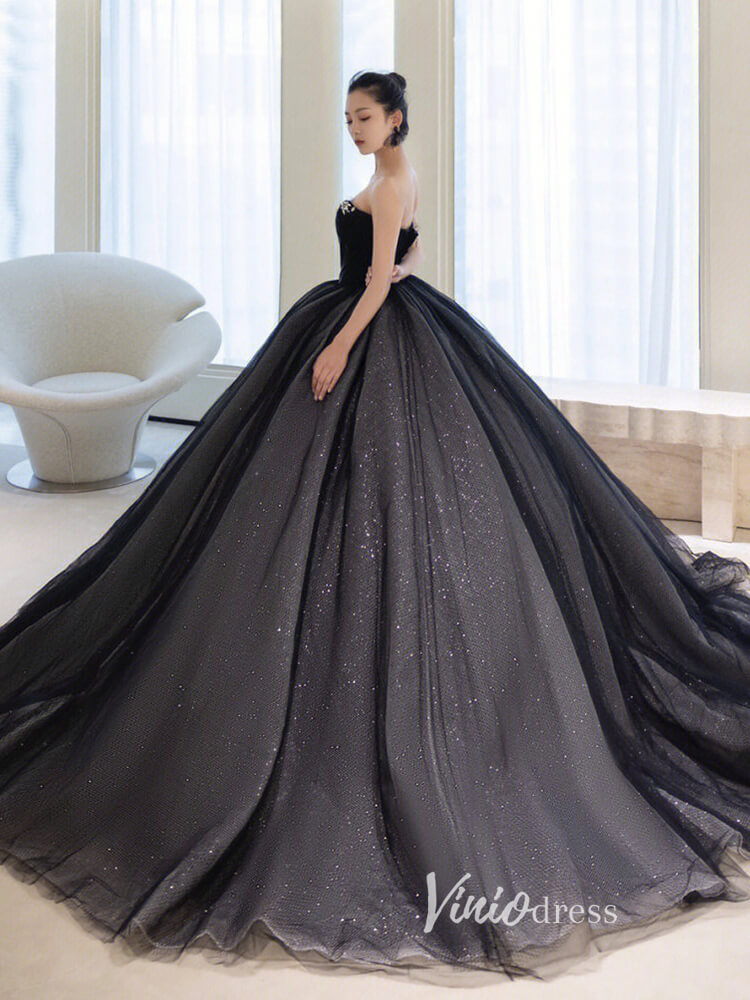 Prom Dress 2025 Black Sparkly Tulle Quinceanera Dresses Strapless Prom Ball Gown FD3248-unique prom dresses-Black-Custom Size-Viniodress