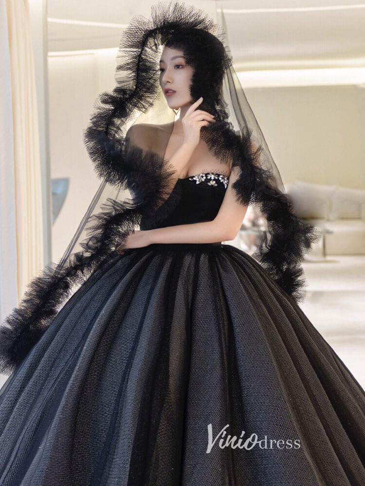 Prom Dress 2025 Black Sparkly Tulle Quinceanera Dresses Strapless Prom Ball Gown FD3248-unique prom dresses-Black-Custom Size-Viniodress