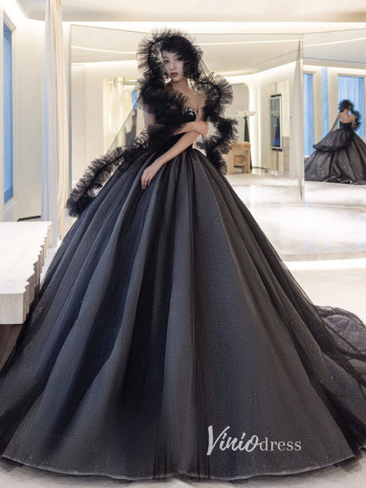 Prom Dress 2025 Black Sparkly Tulle Quinceanera Dresses Strapless Prom Ball Gown FD3248-unique prom dresses-Black-Custom Size-Viniodress