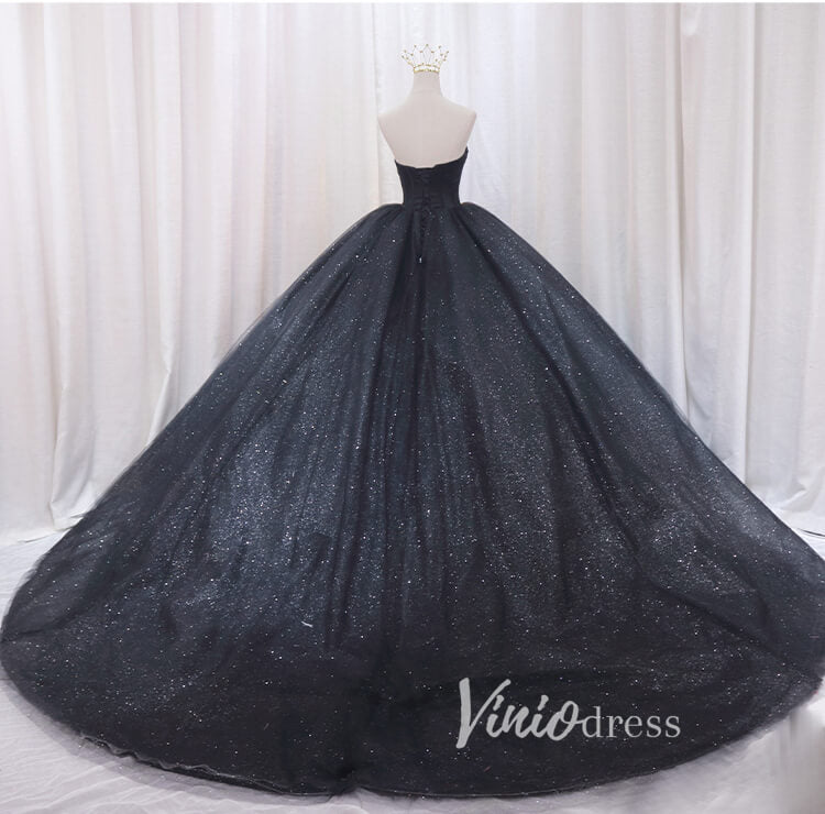 Prom Dress 2025 Black Sparkly Tulle Quinceanera Dresses Strapless Prom Ball Gown FD3405-unique prom dresses-Black-Custom Size-Viniodress