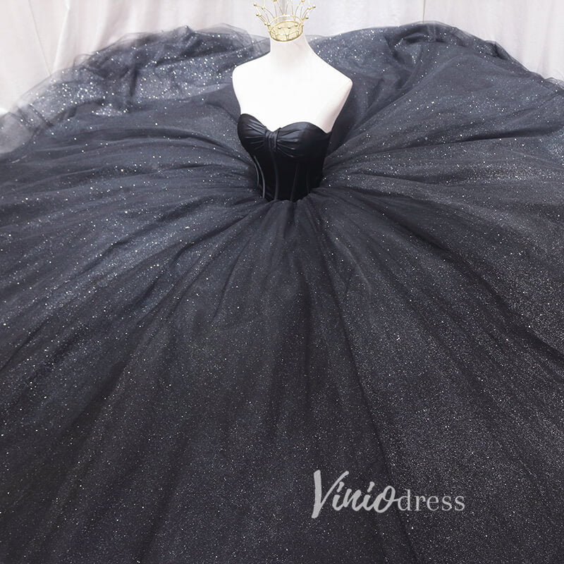 Prom Dress 2025 Black Sparkly Tulle Quinceanera Dresses Strapless Prom Ball Gown FD3405-unique prom dresses-Black-Custom Size-Viniodress