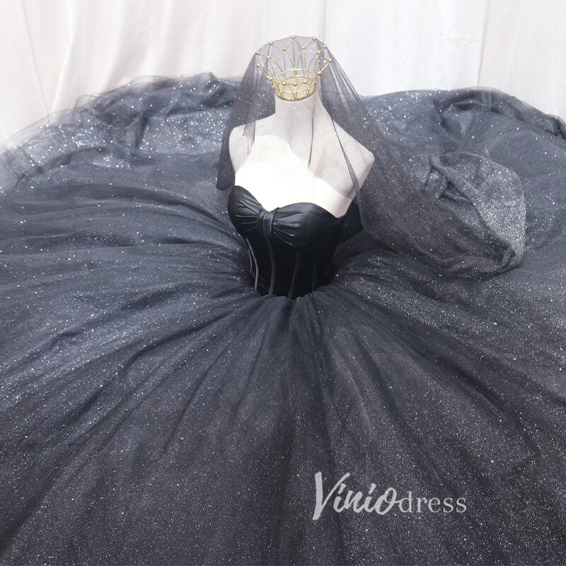 Prom Dress 2025 Black Sparkly Tulle Quinceanera Dresses Strapless Prom Ball Gown FD3405-unique prom dresses-Black-Custom Size-Viniodress