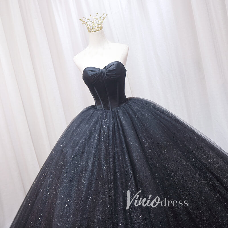 Prom Dress 2025 Black Sparkly Tulle Quinceanera Dresses Strapless Prom Ball Gown FD3405-unique prom dresses-Black-Custom Size-Viniodress