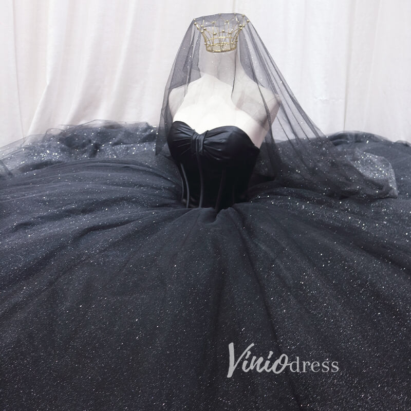 Prom Dress 2025 Black Sparkly Tulle Quinceanera Dresses Strapless Prom Ball Gown FD3405-unique prom dresses-Black-Custom Size-Viniodress