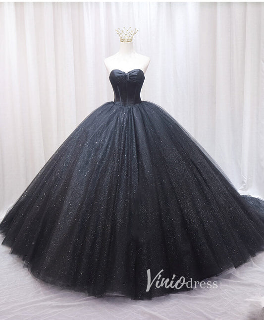 Prom Dress 2025 Black Sparkly Tulle Quinceanera Dresses Strapless Prom Ball Gown FD3405-unique prom dresses-Black-Custom Size-Viniodress