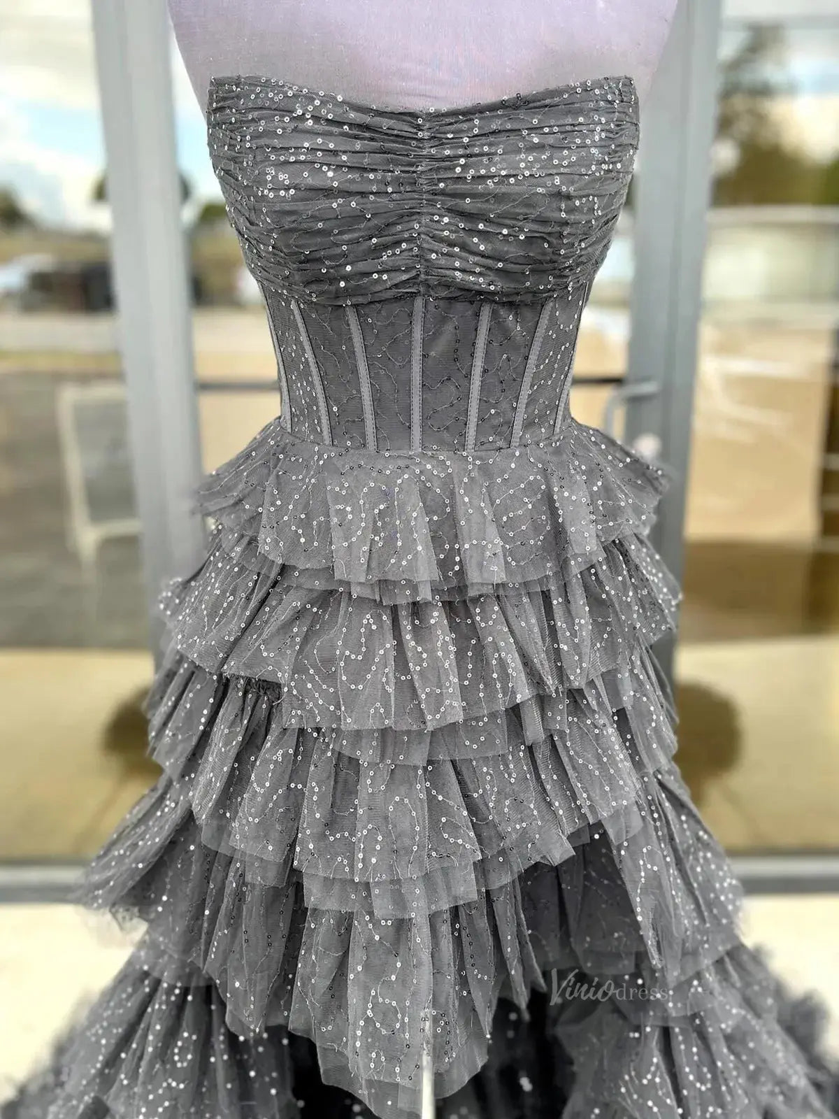 prom dresses 2025 Black Sparkly Tulle Tiered Prom Dresses 2025 Strapless High Low Formal Dresses - FD3712-plus size wedding dresses Viniodress-Black-Custom Size-