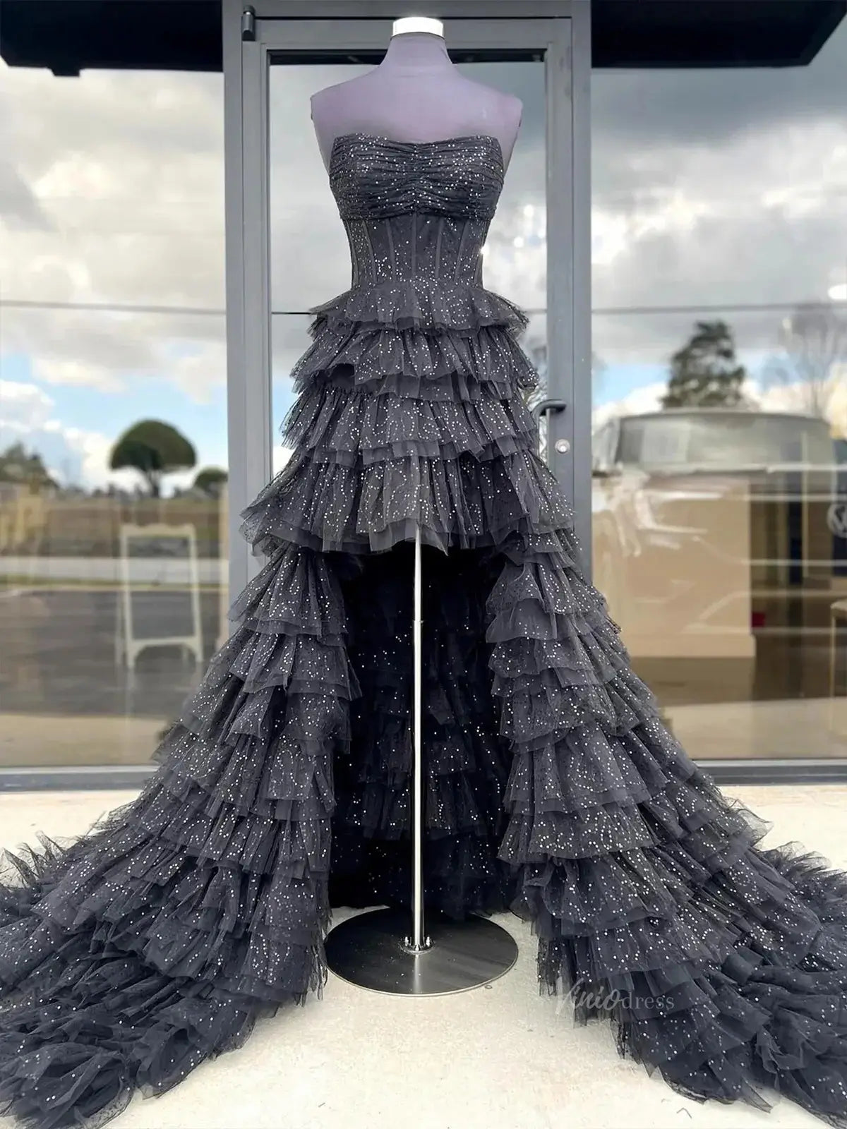 prom dresses 2025 Black Sparkly Tulle Tiered Prom Dresses 2025 Strapless High Low Formal Dresses - FD3712-plus size wedding dresses Viniodress-Black-Custom Size-