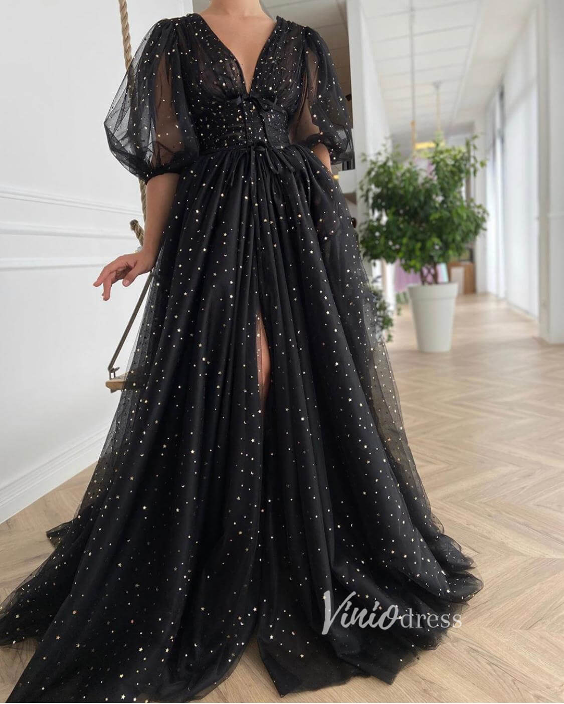 Prom Dress 2025 Black Starry Tulle Prom Dresses Puffed Sleeve FD2779-unique prom dresses-Black-Custom Size-Viniodress