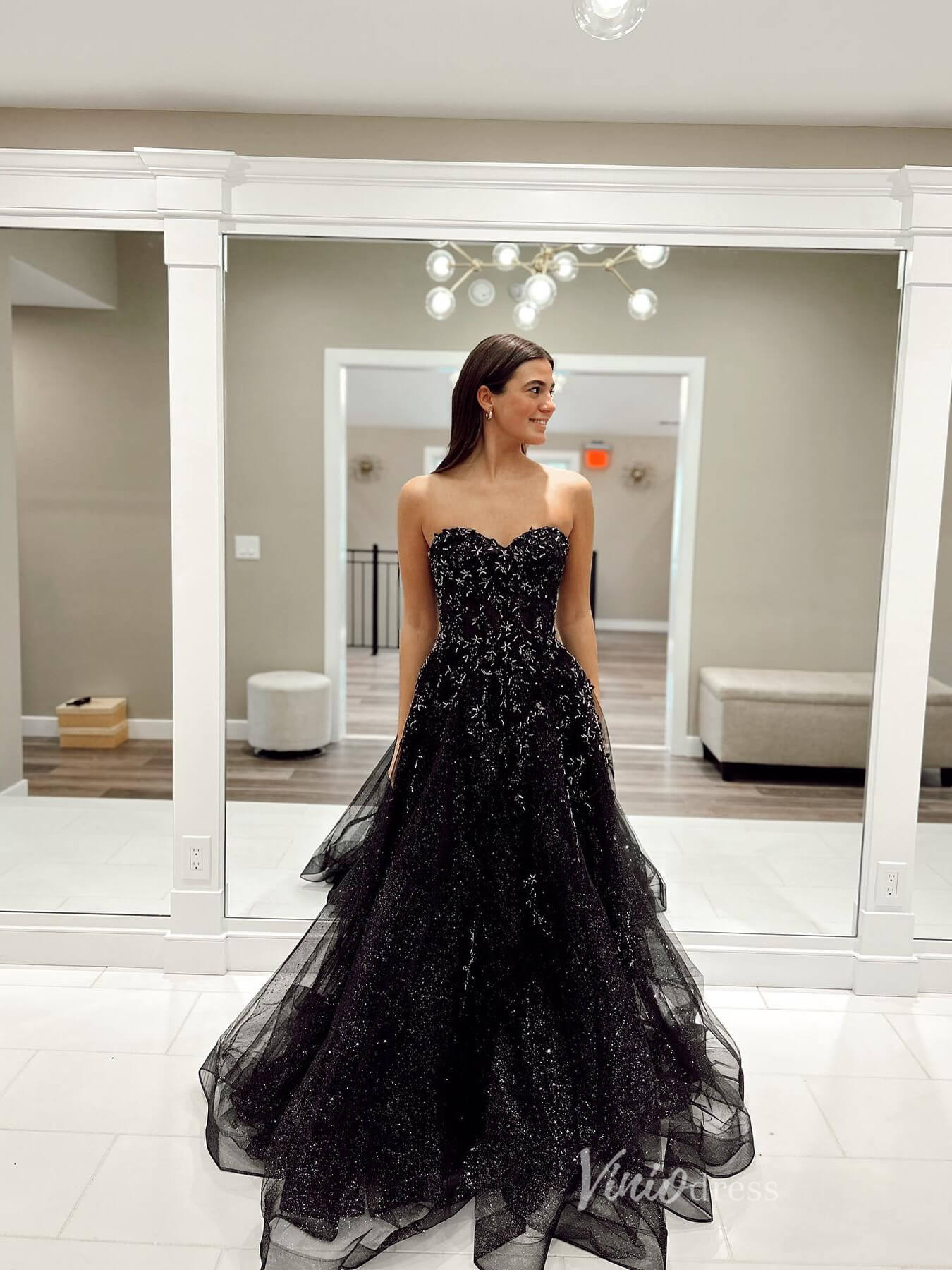 Black Strapless Beaded Lace Prom Dresses Sparkly Tulle Removable Long Puffed Sleeve FD3973 - Viniodressprom dressesBlackCustom Size - Formal Dresses - Ball Gowns