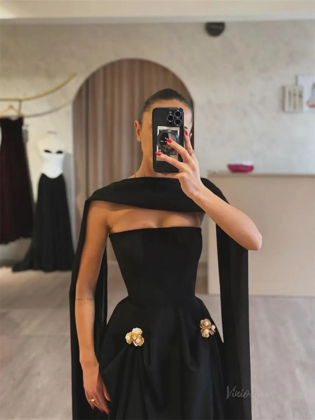 prom dresses 2025-to impress Black Strapless Chiffon Prom Dresses 2025 with Shawl – FD5211-plus size wedding dresses Viniodress-Black-Custom Size-