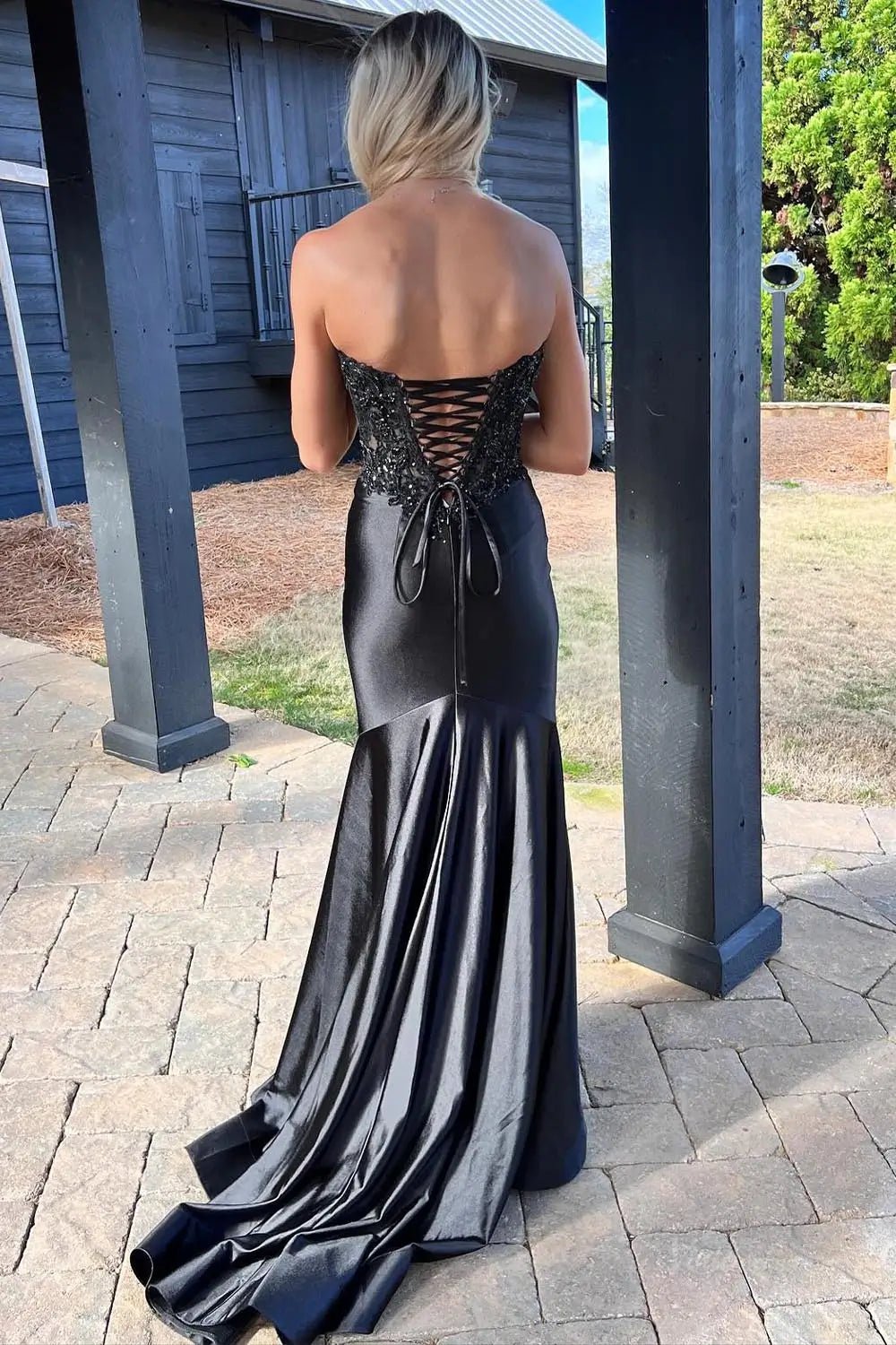 Black Strapless Satin Mermaid Prom Dresses 2025 with Slit, Sweetheart Neck & Lace Bodice – FD5062 - Viniodressprom dressesBlackCustom Size - Formal Dresses - Ball Gowns