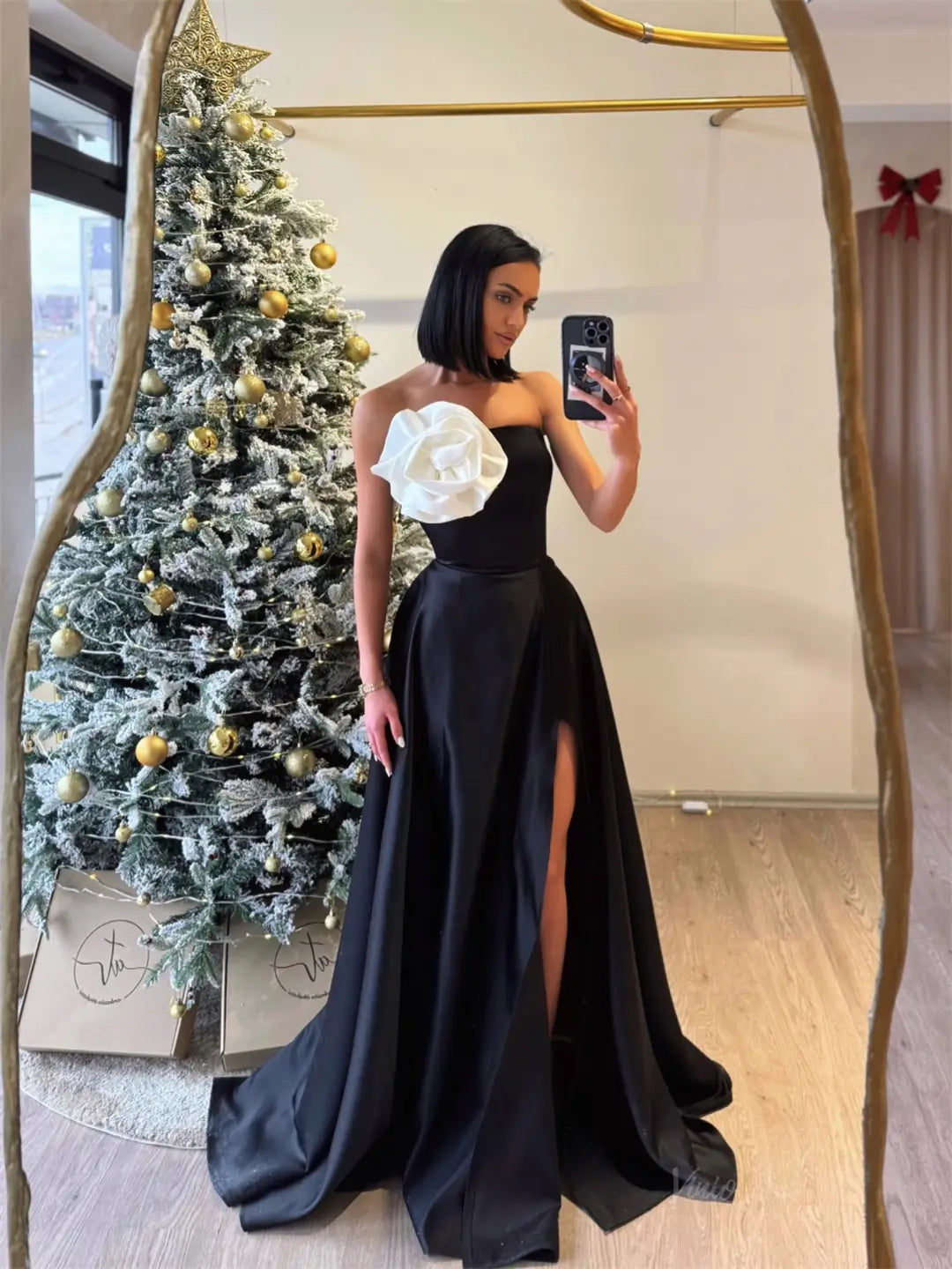 prom dresses 2025 Black Strapless Satin Prom Dresses 2025 with Slit & 3D Flower – FD5217-plus size wedding dresses Viniodress-Black-Custom Size-