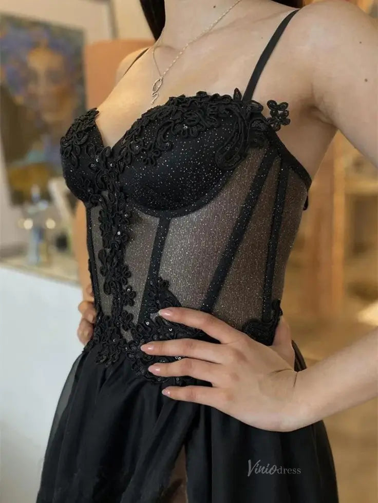 prom dresses 2025-to impress Black Tulle Prom Dresses 2025 Spaghetti Strap Sparkly Sheer Bodice Formal Gown with Slit FD5108-plus size wedding dresses Viniodress-Black-Custom Size-