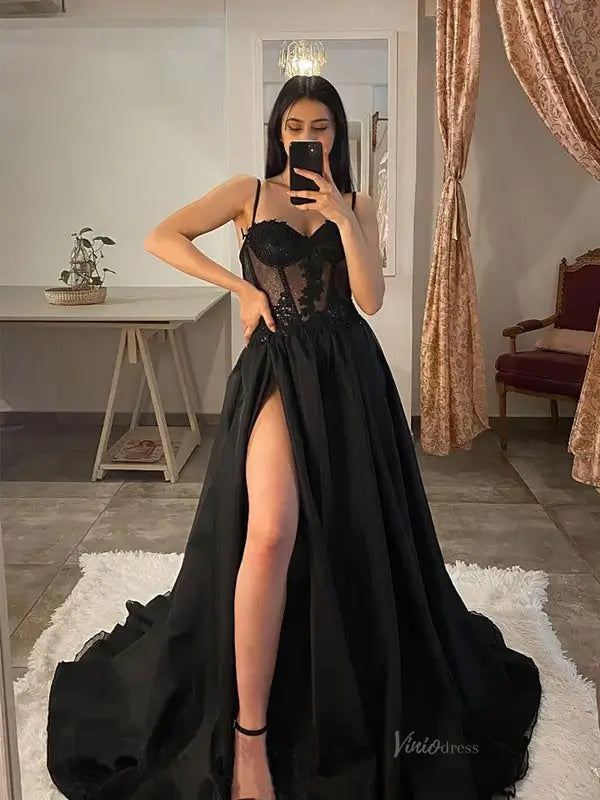 prom dresses 2025-to impress Black Tulle Prom Dresses 2025 Spaghetti Strap Sparkly Sheer Bodice Formal Gown with Slit FD5108-plus size wedding dresses Viniodress-Black-Custom Size-