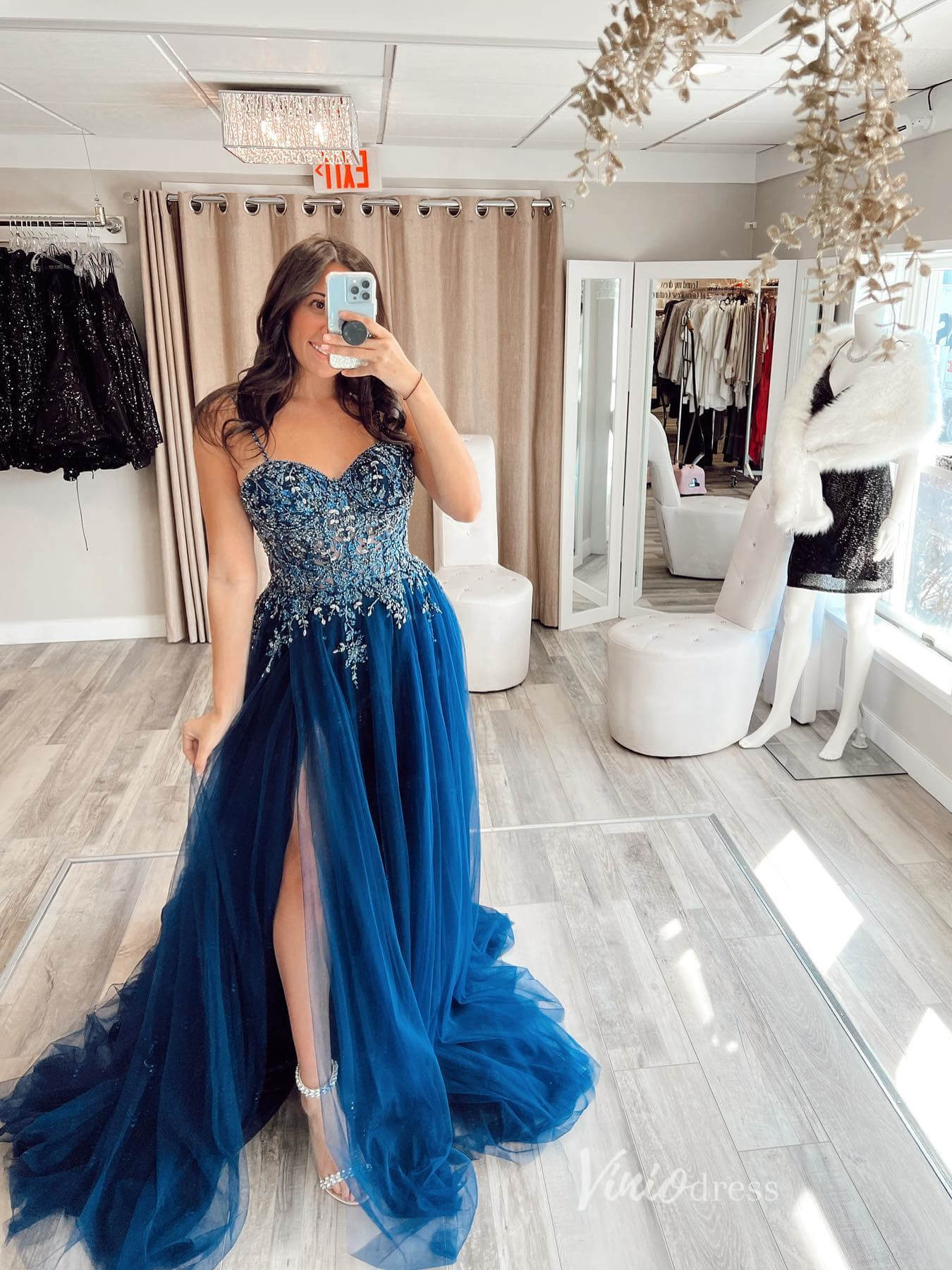 Blue Beaded Lace Prom Dresses with Slit Spaghetti Strap Sheer Bodice FD3968 - Viniodressprom dressesBlueCustom Size - Formal Dresses - Ball Gowns