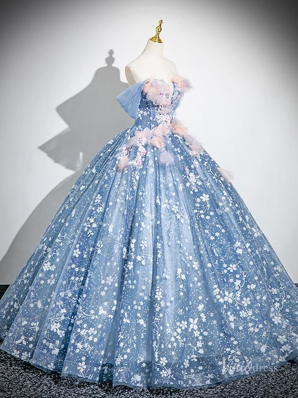 Prom Dress 2025 Blue Floral Off the Shoulder Prom Ball Gown Lace Applique Quinceanera Dresses BG036-unique prom dresses-Blue-Custom Size-Viniodress