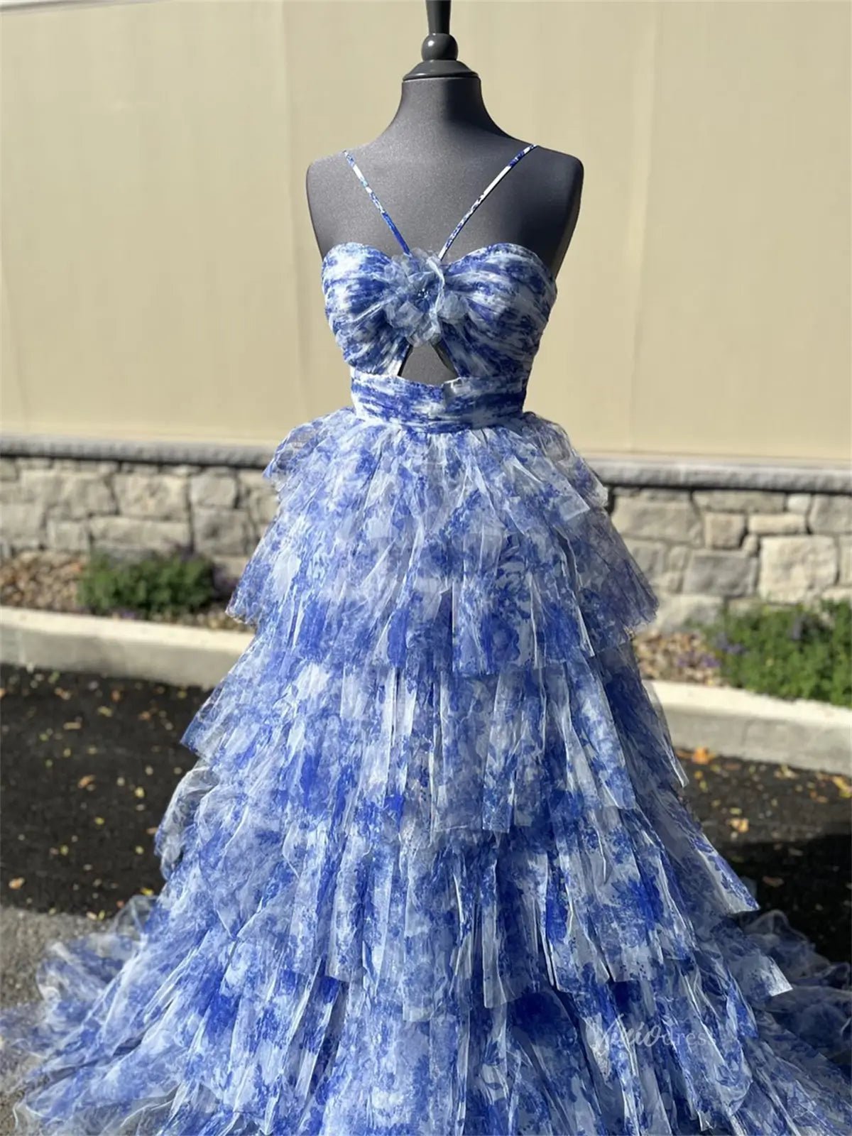 Blue Floral Tulle Tiered Prom Dresses with Spaghetti Straps & 3D Flower - FD5309 - Viniodressprom dressesBlueCustom Size - Formal Dresses - Ball Gowns