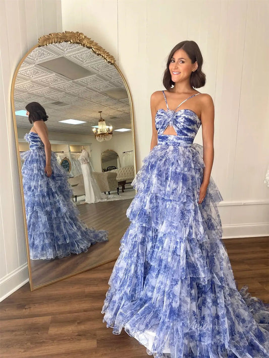 Blue Floral Tulle Tiered Prom Dresses with Spaghetti Straps & 3D Flower - FD5309 - Viniodressprom dressesBlueCustom Size - Formal Dresses - Ball Gowns