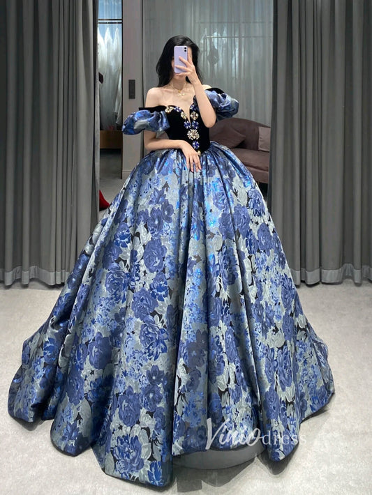 Blue Jacquard Satin Prom Dresses Removable Puffed Sleeve Quinceanera Dress FD3443 - Viniodressprom dressesBlueCustom Size - Formal Dresses - Ball Gowns