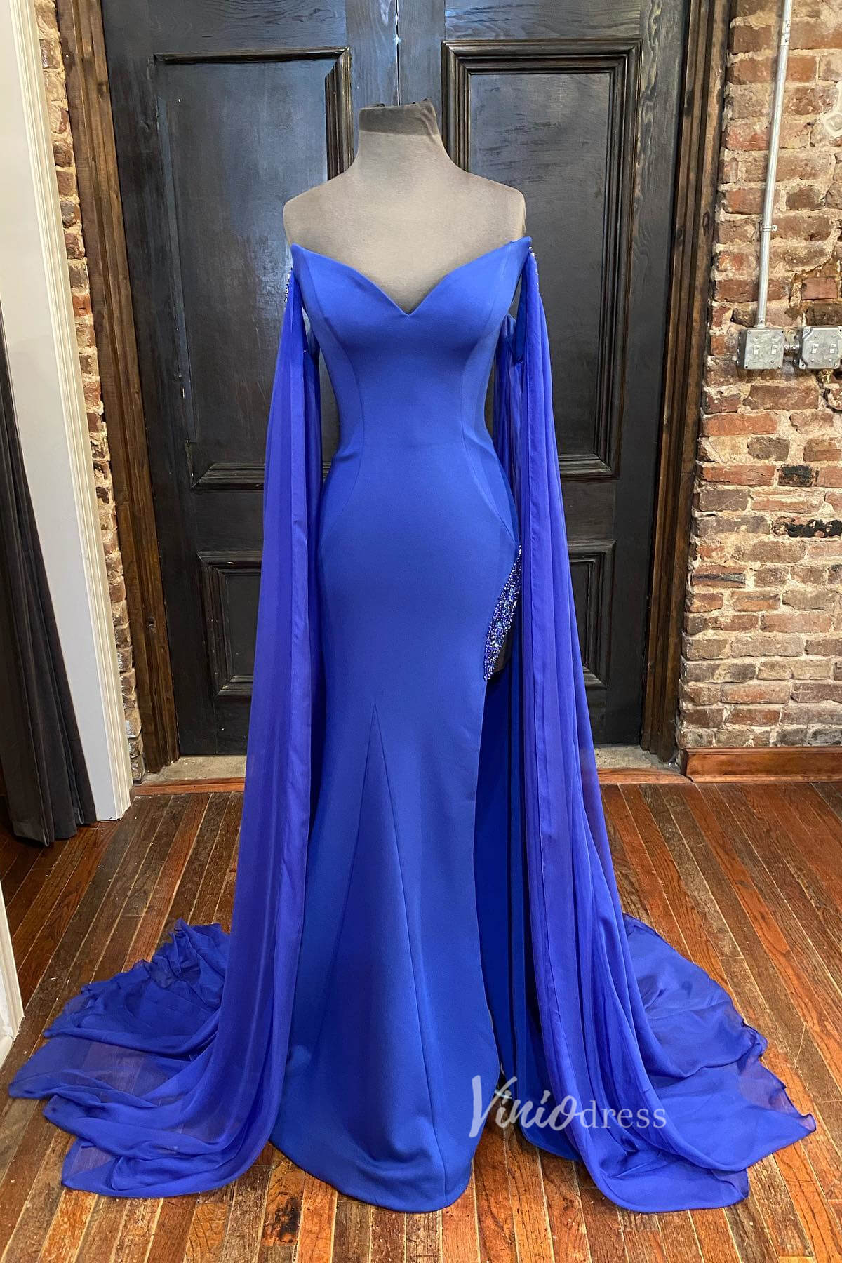 Prom Dress 2025 Blue Mermaid Satin Prom Dress Removable Chiffon Cape Formal Dresses FD2953-unique prom dresses-Blue-Custom Size-Viniodress