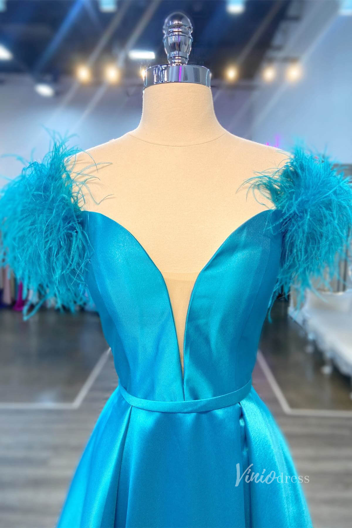 Blue Off the Shoulder Satin Prom Dresses Feather Plunging V - Neck FD3983 - Viniodressprom dressesBlueCustom Size - Formal Dresses - Ball Gowns