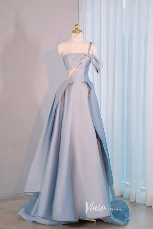 Blue One Shoulder Prom Dresses Satin Formal Dress AD1035 - Viniodressprom dressesBlueCustom Size - Formal Dresses - Ball Gowns