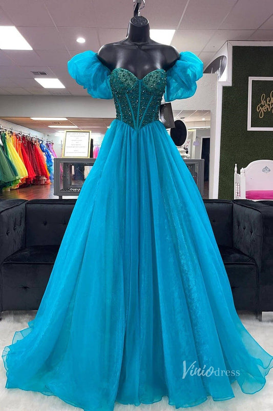 Blue Organza Prom Dresses Beaded Boned Bodice Removable Puffed Sleeve FD3991 - Viniodressprom dressesBlueCustom Size - Formal Dresses - Ball Gowns