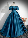 Prom Dress 2025 Blue Puffed Sleeve Satin Prom Ball Gown Off the Shoulder Bow Quinceanera Dresses BG026-unique prom dresses-Blue-Custom Size-Viniodress