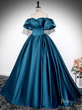 Prom Dress 2025 Blue Puffed Sleeve Satin Prom Ball Gown Off the Shoulder Bow Quinceanera Dresses BG026-unique prom dresses-Blue-Custom Size-Viniodress