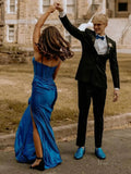 Blue Satin Mermaid Prom Dresses 2025 with Slit, Boned Bodice & Spaghetti Strap – FD5048