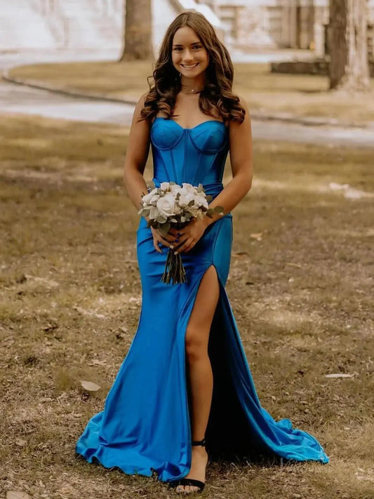 Blue Satin Mermaid Prom Dresses 2025 with Slit, Boned Bodice & Spaghetti Strap – FD5048 - Viniodressprom dressesBlueCustom Size - Formal Dresses - Ball Gowns