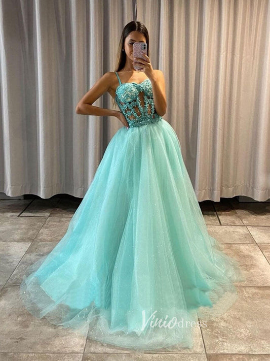 Prom Dress 2025 Blue Spaghetti Strap Prom Dresses Lace Applique Evening Dress FD3081-unique prom dresses-Aqua-Custom Size-Viniodress