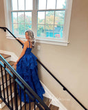 Prom Dress 2025 Blue Tiered Lace Prom Dresses with Slit and Straps FD3636B-unique prom dresses-Blue-Custom Size-Viniodress