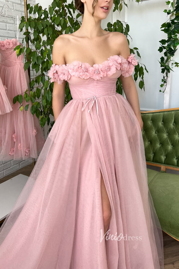 Prom Dress 2025 Blush 3D Flower Prom Dresses Off the Shoulder Long Formal Dress FD2980-unique prom dresses-Pink-Custom Size-Viniodress