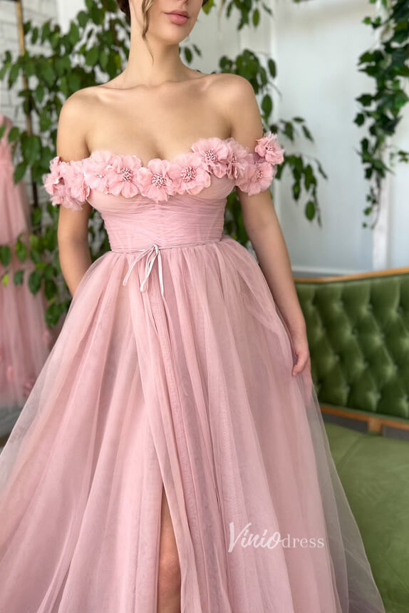 Prom Dress 2025 Blush 3D Flower Prom Dresses Off the Shoulder Long Formal Dress FD2980-unique prom dresses-Pink-Custom Size-Viniodress