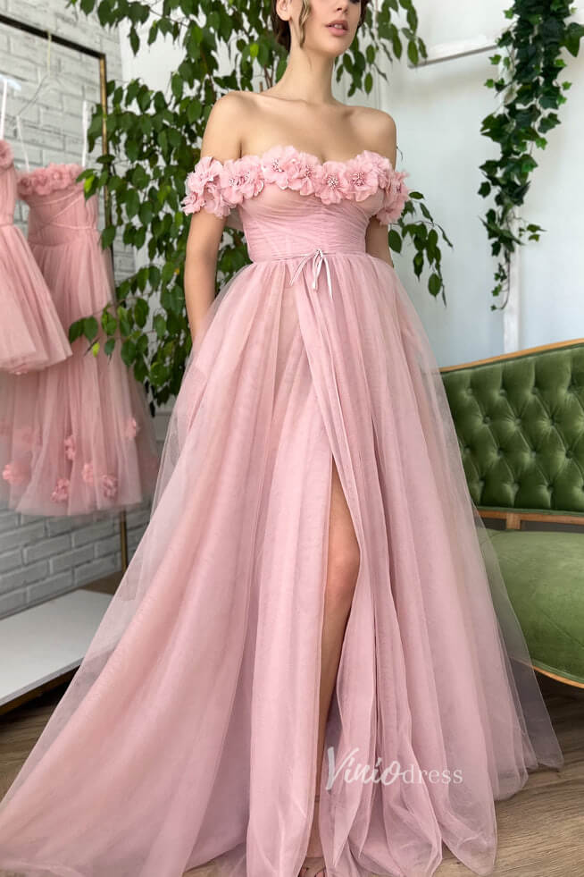 Prom Dress 2025 Blush 3D Flower Prom Dresses Off the Shoulder Long Formal Dress FD2980-unique prom dresses-Pink-Custom Size-Viniodress