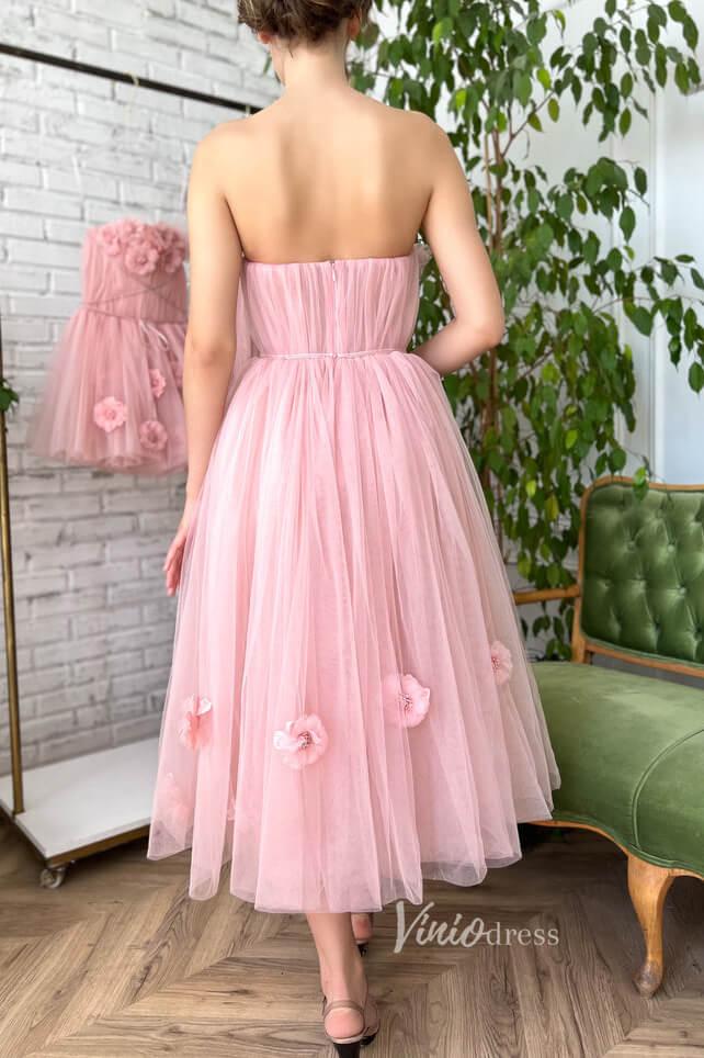 Prom Dress 2025 Blush 3D Flower Prom Dresses Strapless Mid Length Hoco Dress FD2979-unique prom dresses-Pink-Custom Size-Viniodress