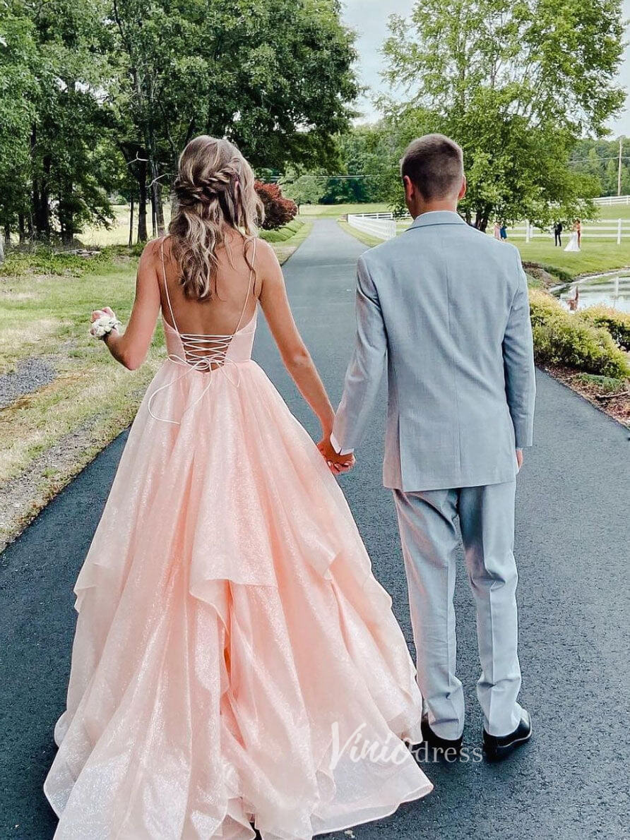 Prom Dress 2025 Blush Layered Ruffle Prom Dresses Sparkly Tulle Spaghetti Strap Evening Dress FD2954-unique prom dresses-Blush Pink-Custom Size-Viniodress