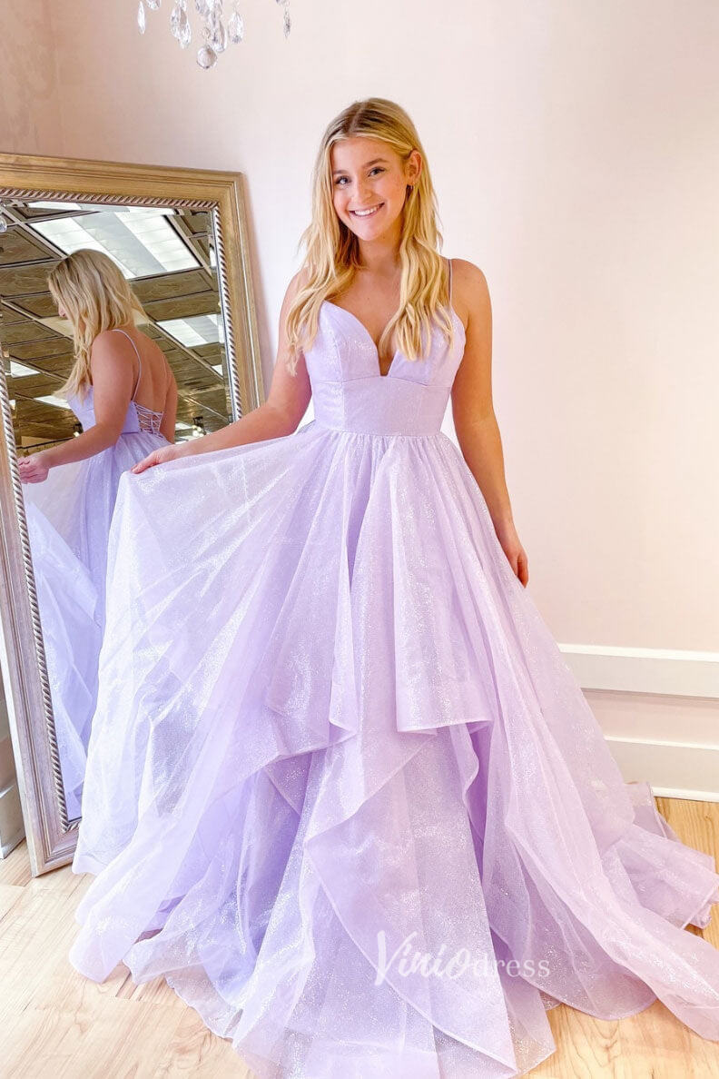 Prom Dress 2025 Blush Layered Ruffle Prom Dresses Sparkly Tulle Spaghetti Strap Evening Dress FD2954-unique prom dresses-Lavender-Custom Size-Viniodress