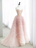 Prom Dress 2025 Blush Pink Ruffled Tulle Formal Dresses Beaded Spaghetti Strap Prom Ball Gown FD3414-unique prom dresses-Blush Pink-Custom Size-Viniodress