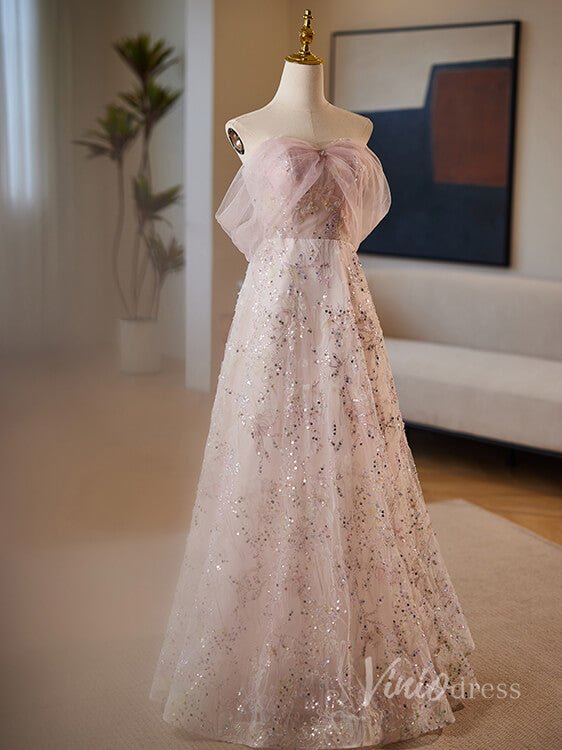 Blush Pink Sequin Lace Prom Dresses 2024 Bow Boidce Off the Shoulder 90033 - Viniodressprom dressesBlush PinkCustom Size - Formal Dresses - Ball Gowns