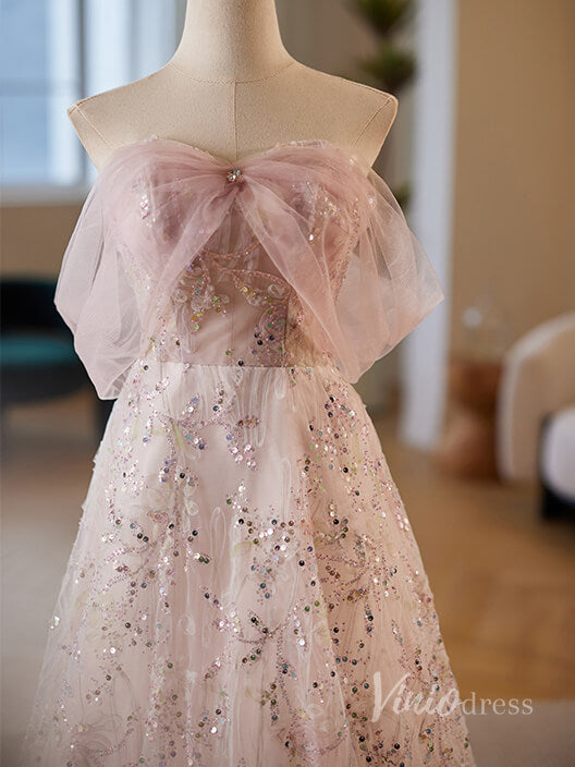 Prom Dress 2025 Blush Pink Sequin Lace Prom Dresses 2024 Bow Boidce Off the Shoulder 90033-unique prom dresses-Blush Pink-Custom Size-Viniodress