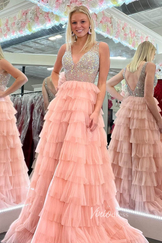 Prom Dress 2025 Blush Ruffled Formal Dress Beaded V-Neck Prom Dresses FD2975-unique prom dresses-Blush Pink-Custom Size-Viniodress