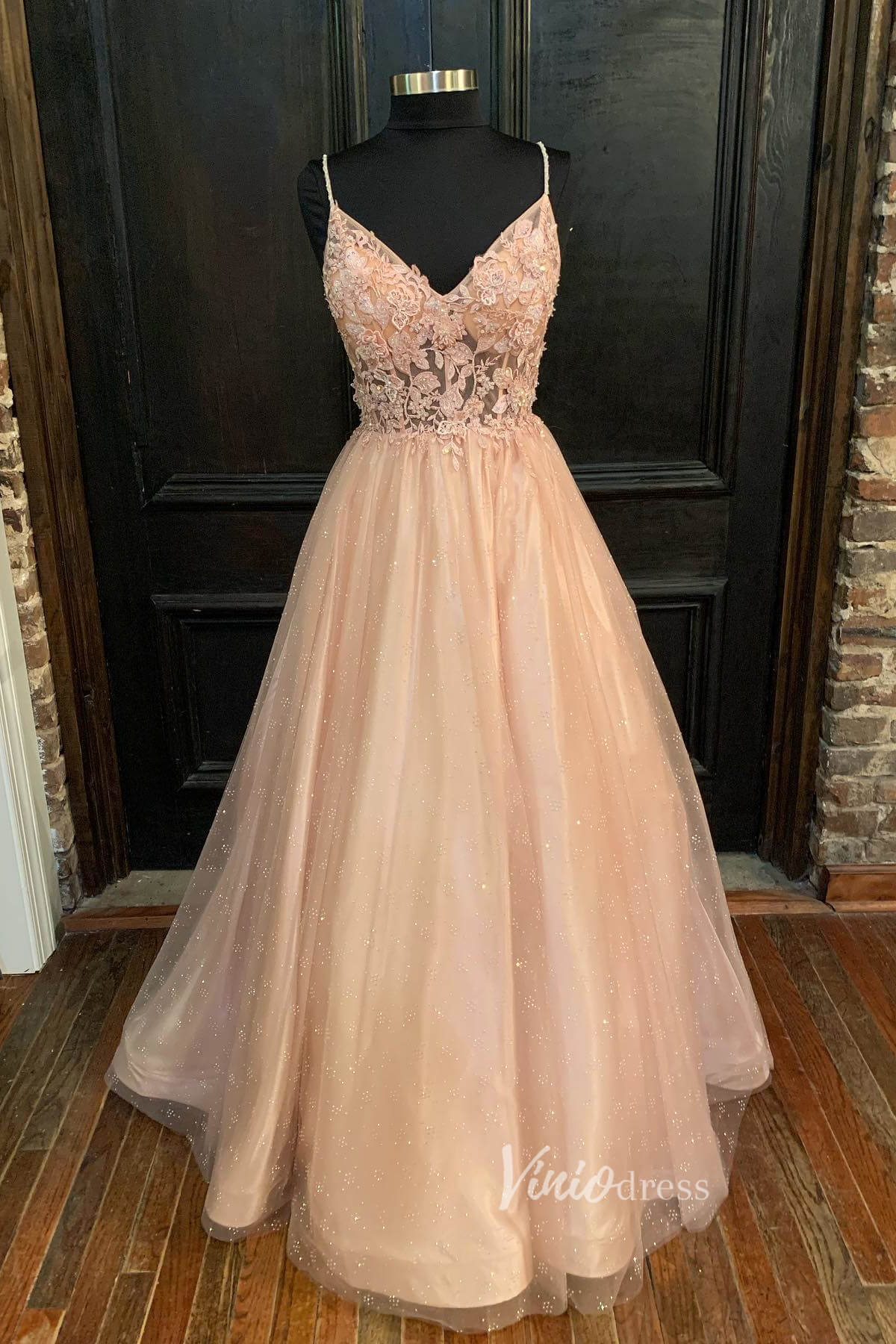 Prom Dress 2025 Blush Sparkly Tulle Lace Applique Prom Dress Spaghetti Strap Formal Dresses FD2956-unique prom dresses-Blush Pink-Custom Size-Viniodress